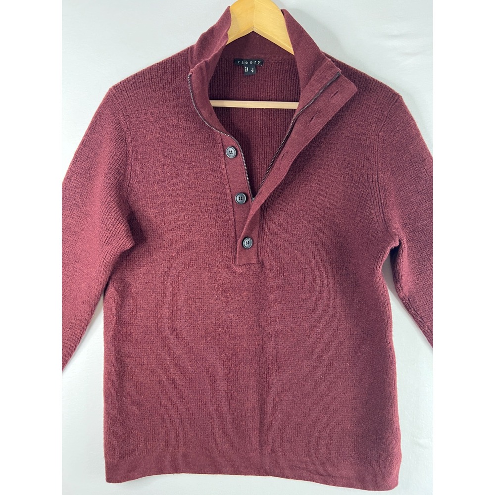 Theory Quarter-Zip Button Pullover Sweater Mens Medium Burgundy 99% Wool Merino